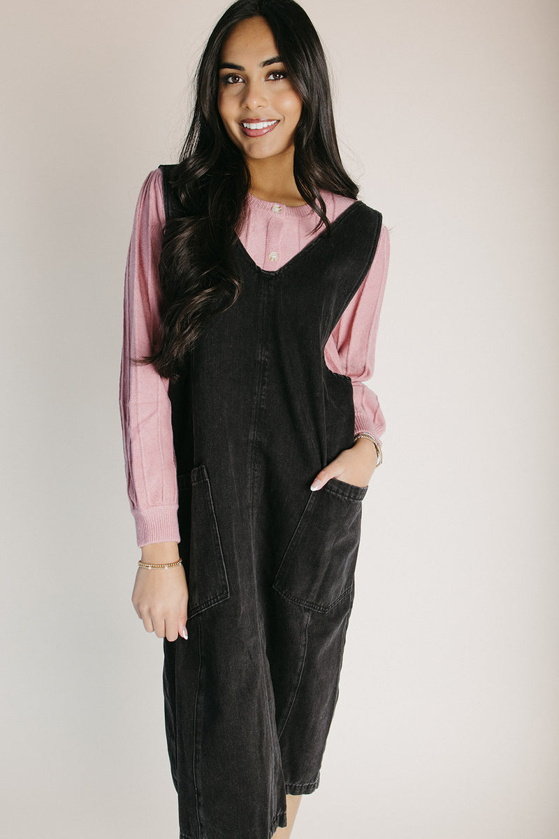 The Caffery Denim Overall Dress in Black