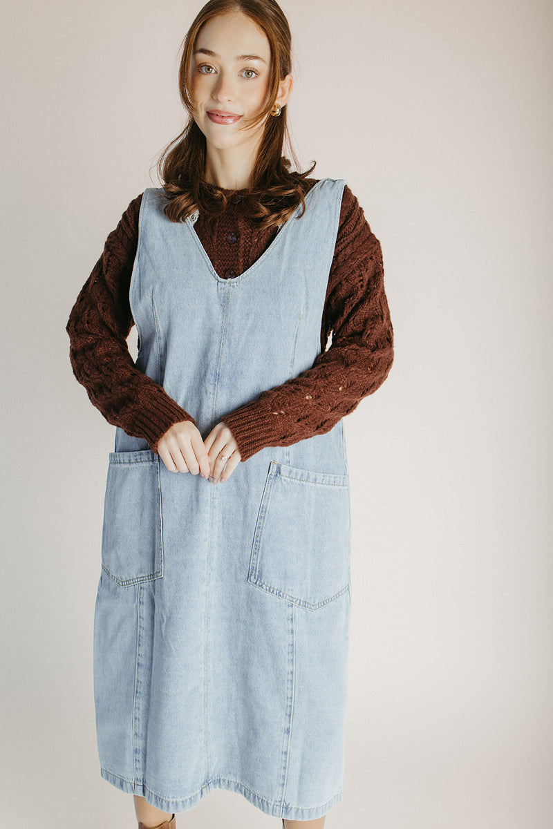 overall denim dress The Caffery Denim Overall Dress in Light Wash Large