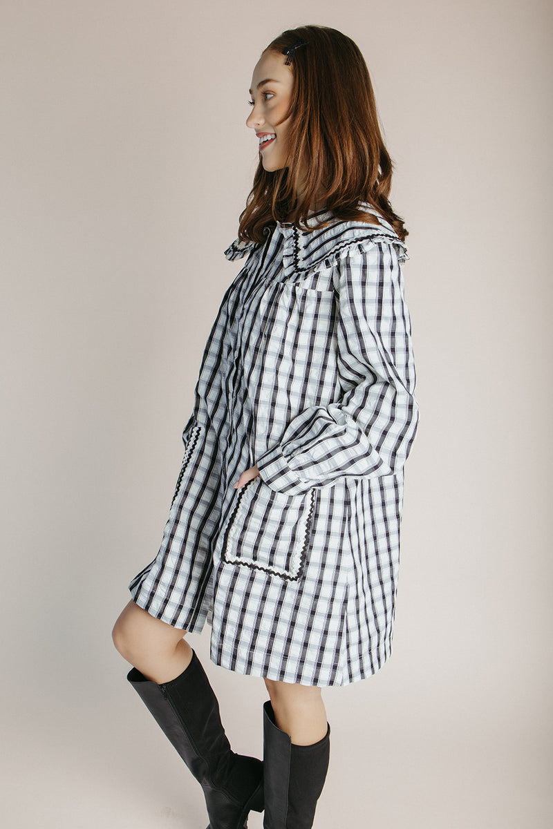 The Steffy Plaid Puff Sleeve Dress in Black + Cream