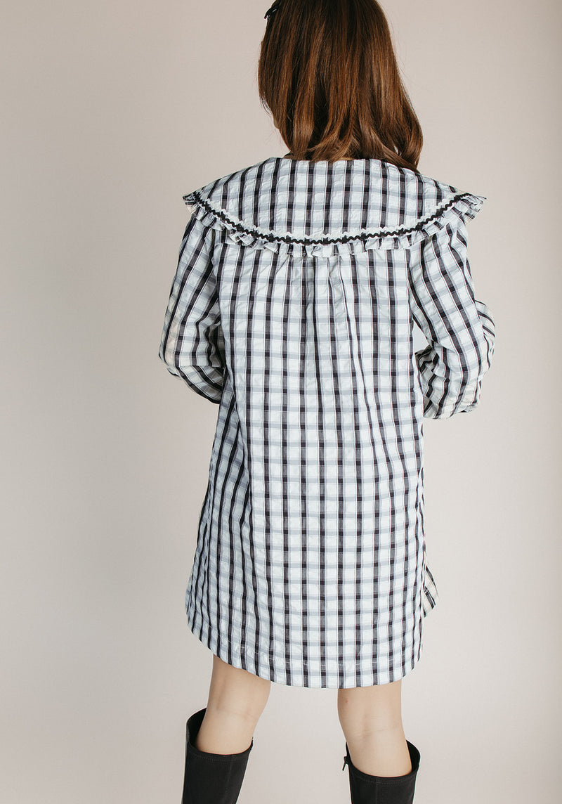 The Steffy Plaid Puff Sleeve Dress in Black + Cream