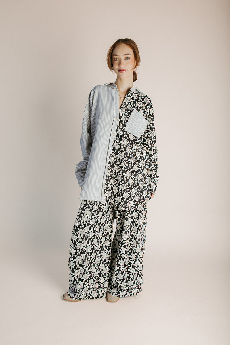 The Giffin Floral Jacquard Wide Leg Pant in Black + Grey