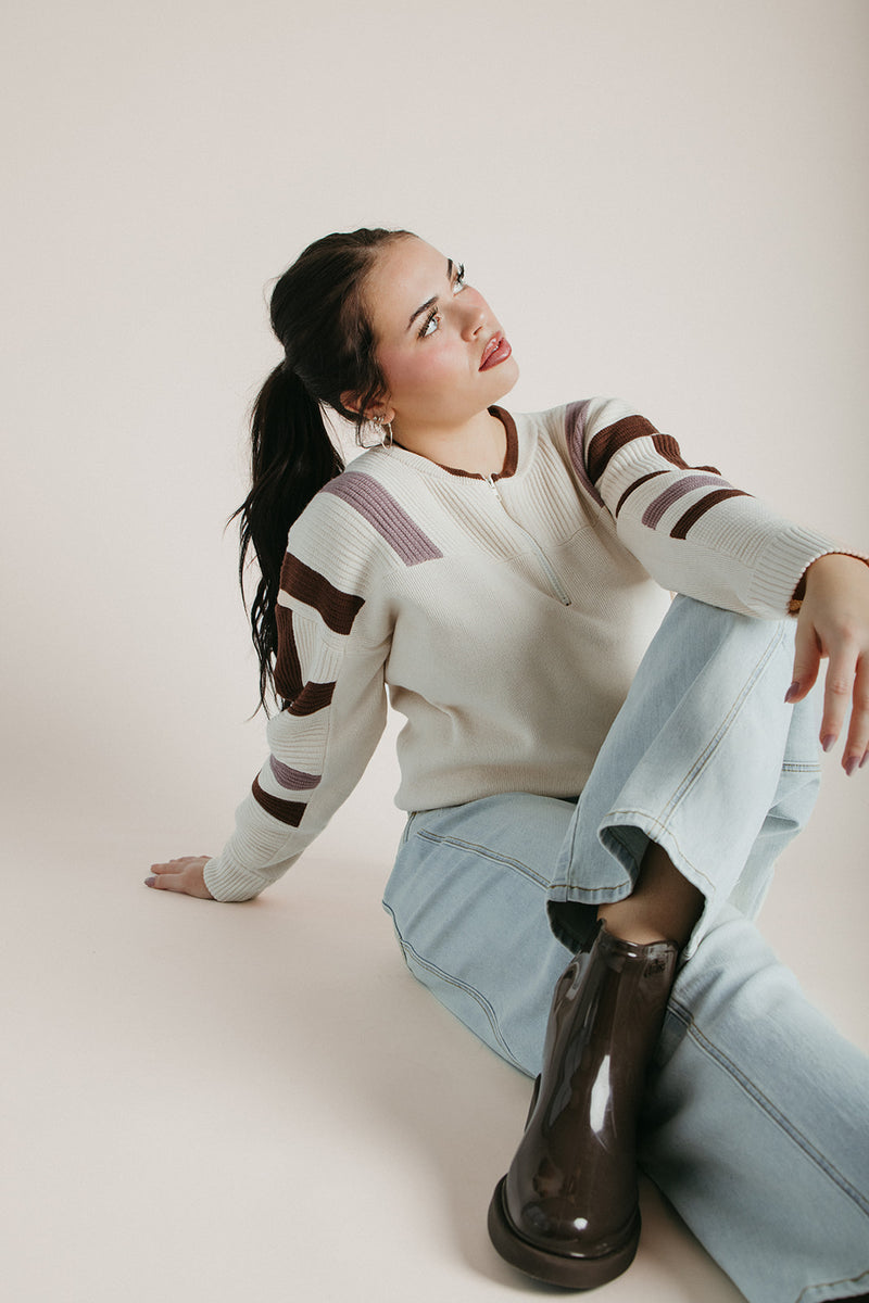The Waymer Striped Half Zip Sweater in Cream Multi