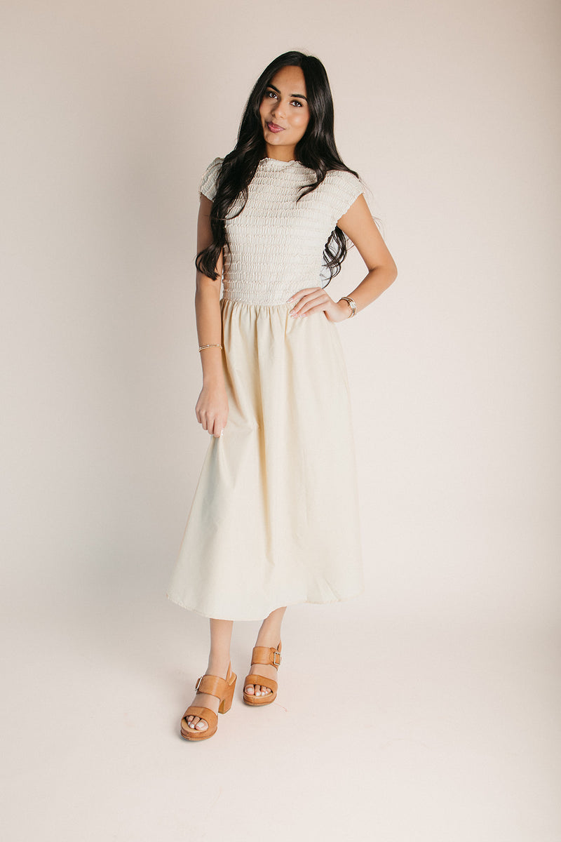 The Kewely Shirred Detail Midi Dress in Natural