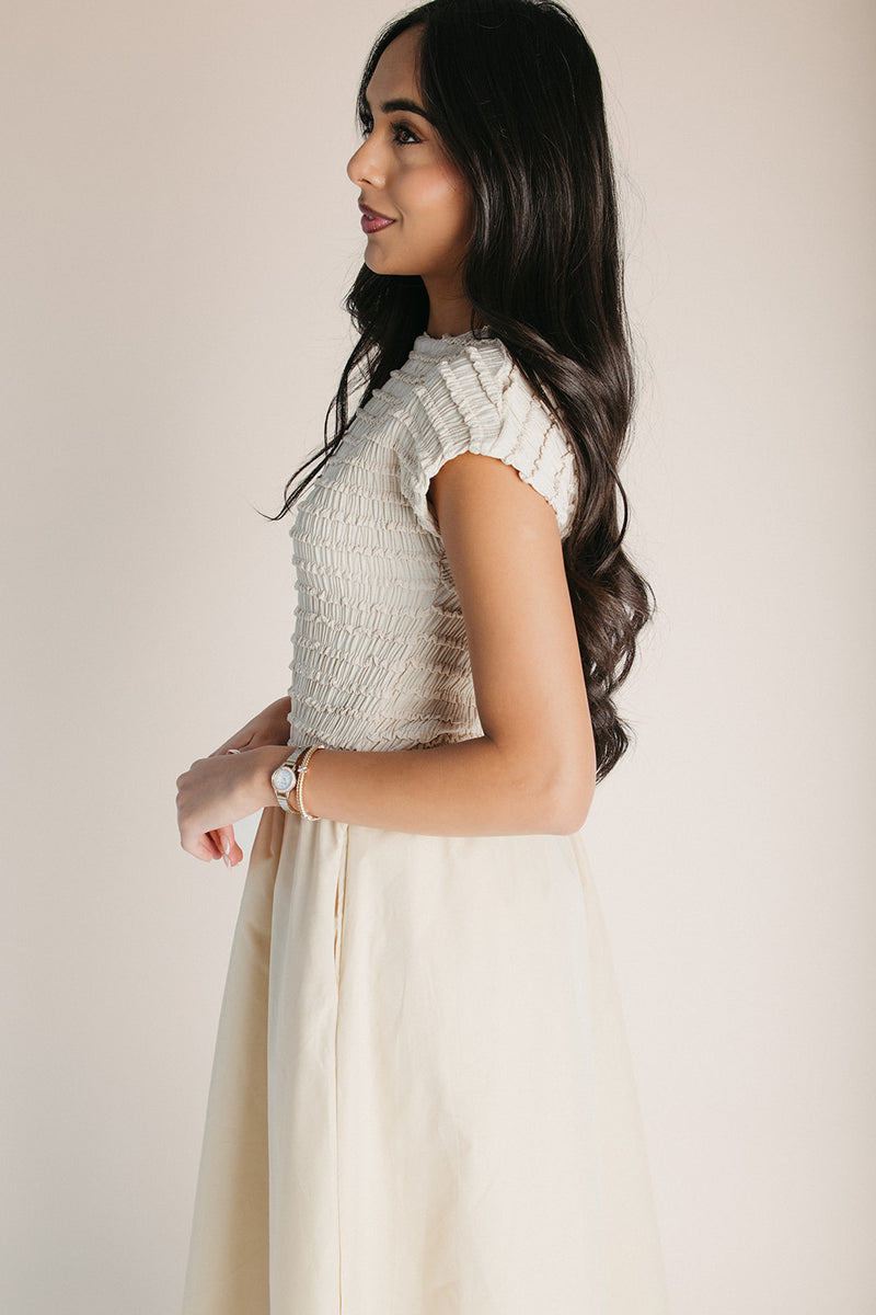 The Kewely Shirred Detail Midi Dress in Natural