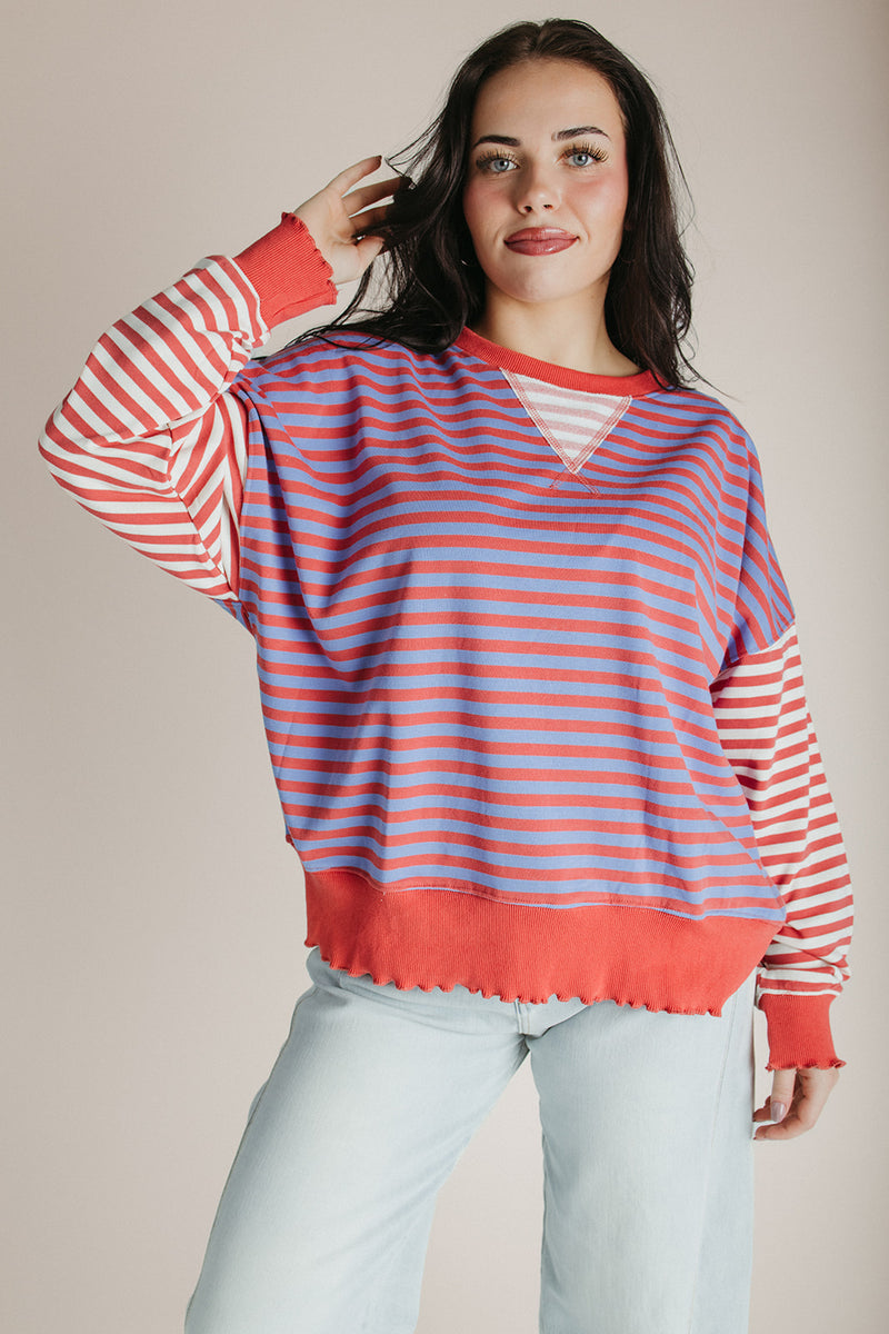 The Langley Lettuce Hem Sweatshirt in Brick + Blue