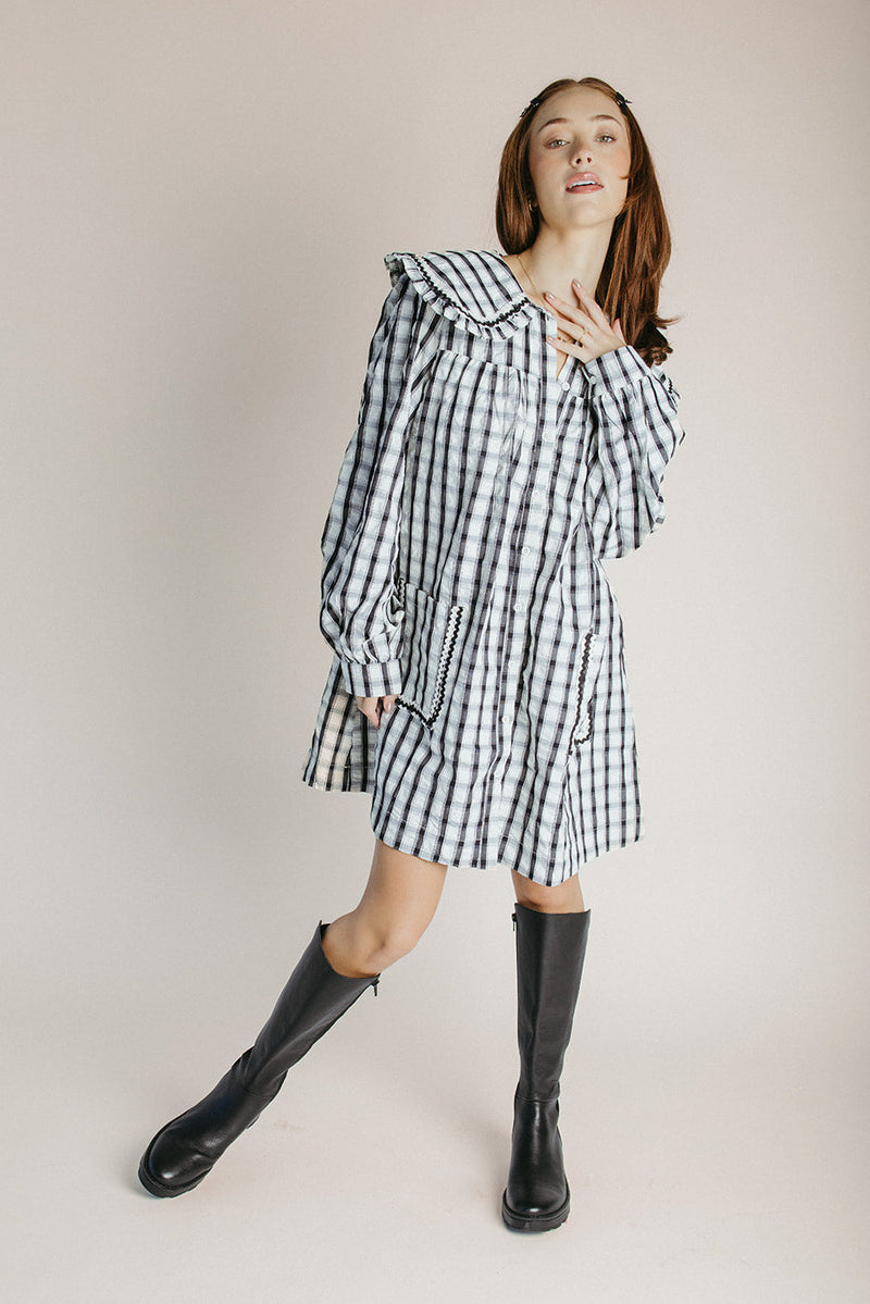 The Steffy Plaid Puff Sleeve Dress in Black + Cream
