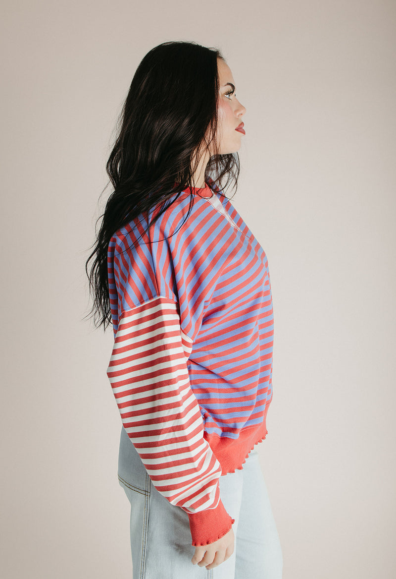 The Langley Lettuce Hem Sweatshirt in Brick + Blue