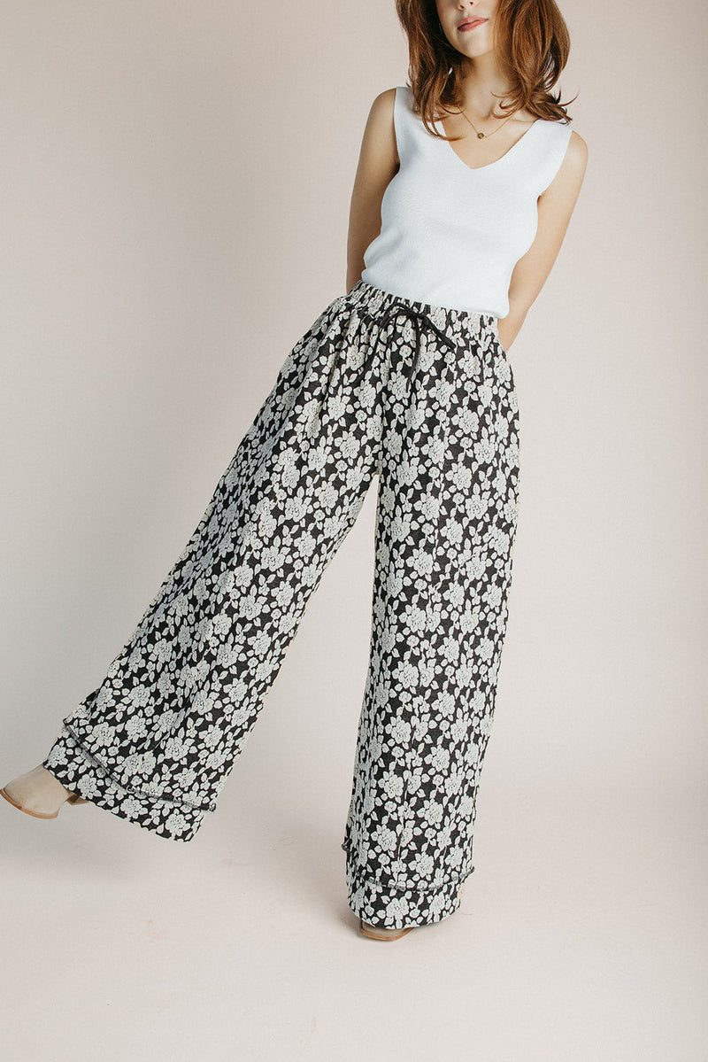 The Giffin Floral Jacquard Wide Leg Pant in Black + Grey