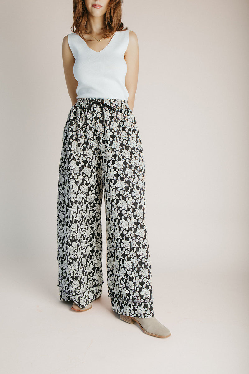 The Giffin Floral Jacquard Wide Leg Pant in Black + Grey