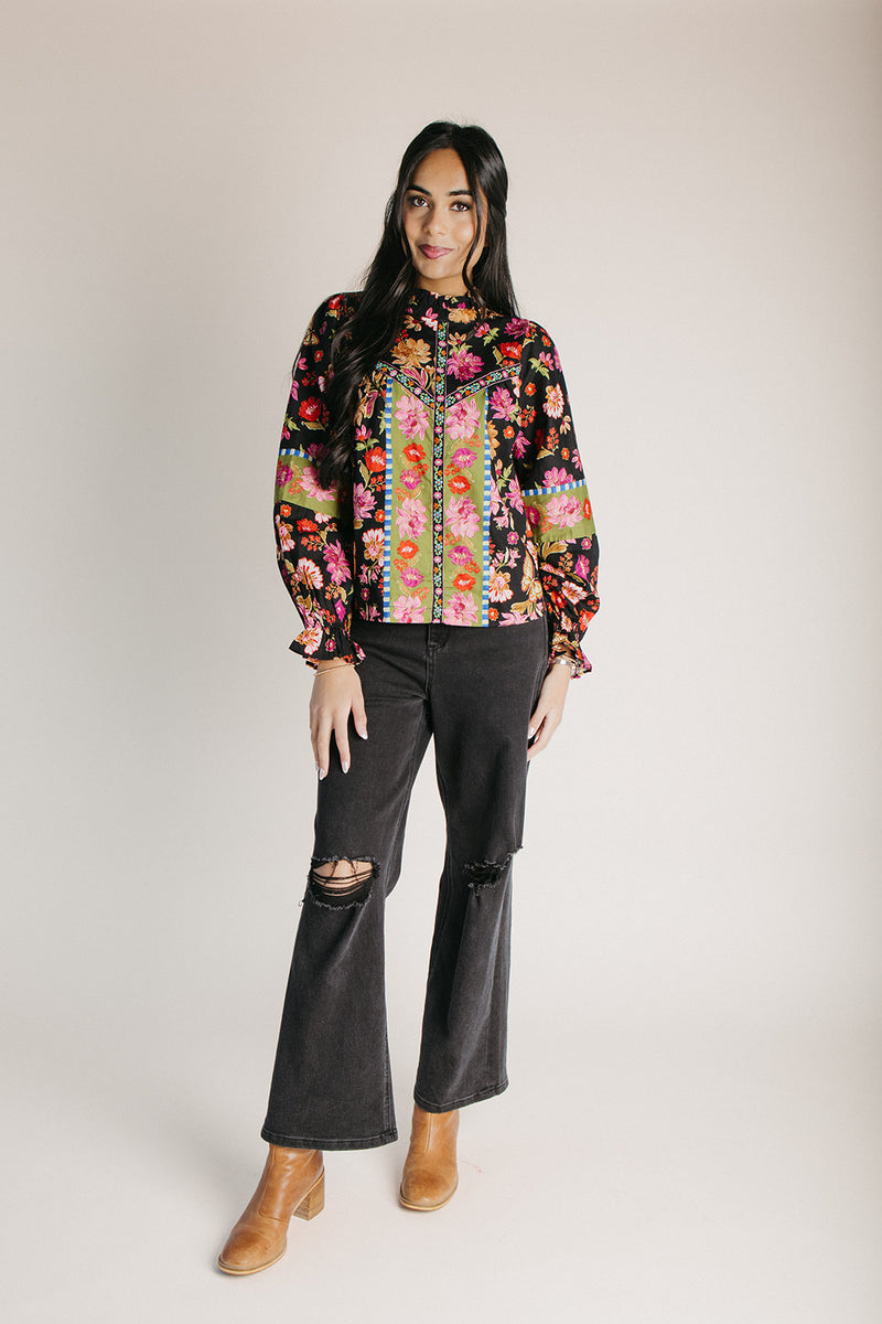 The Carter Mixed Print Blouse in Black Floral Multi