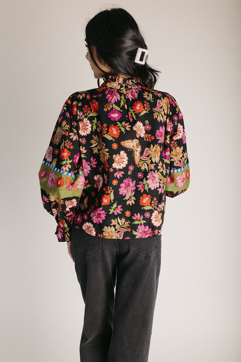 The Carter Mixed Print Blouse in Black Floral Multi