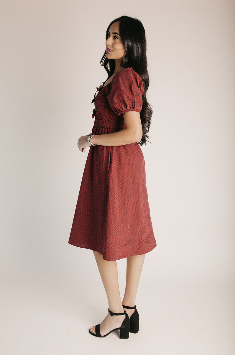 The Pavia Bow Detail Gingham Dress in Brick + Navy