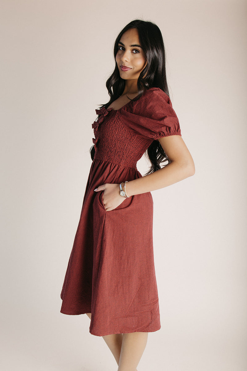 The Pavia Bow Detail Gingham Dress in Brick + Navy