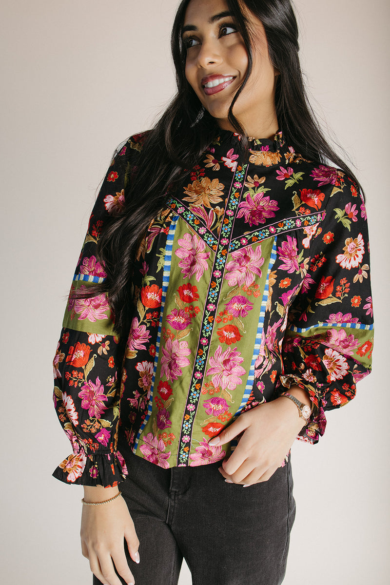 The Carter Mixed Print Blouse in Black Floral Multi