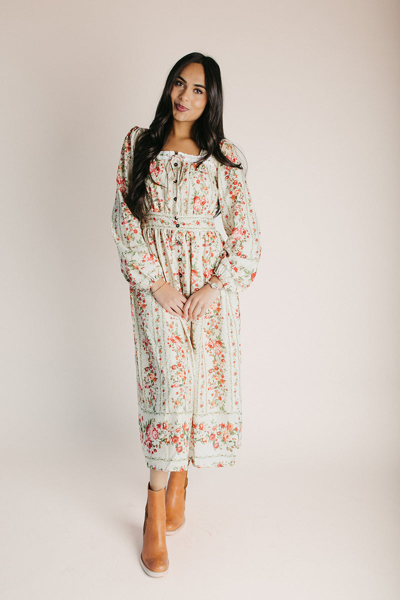 The Lorren Eyelet Detail Midi Dress in Natural Floral