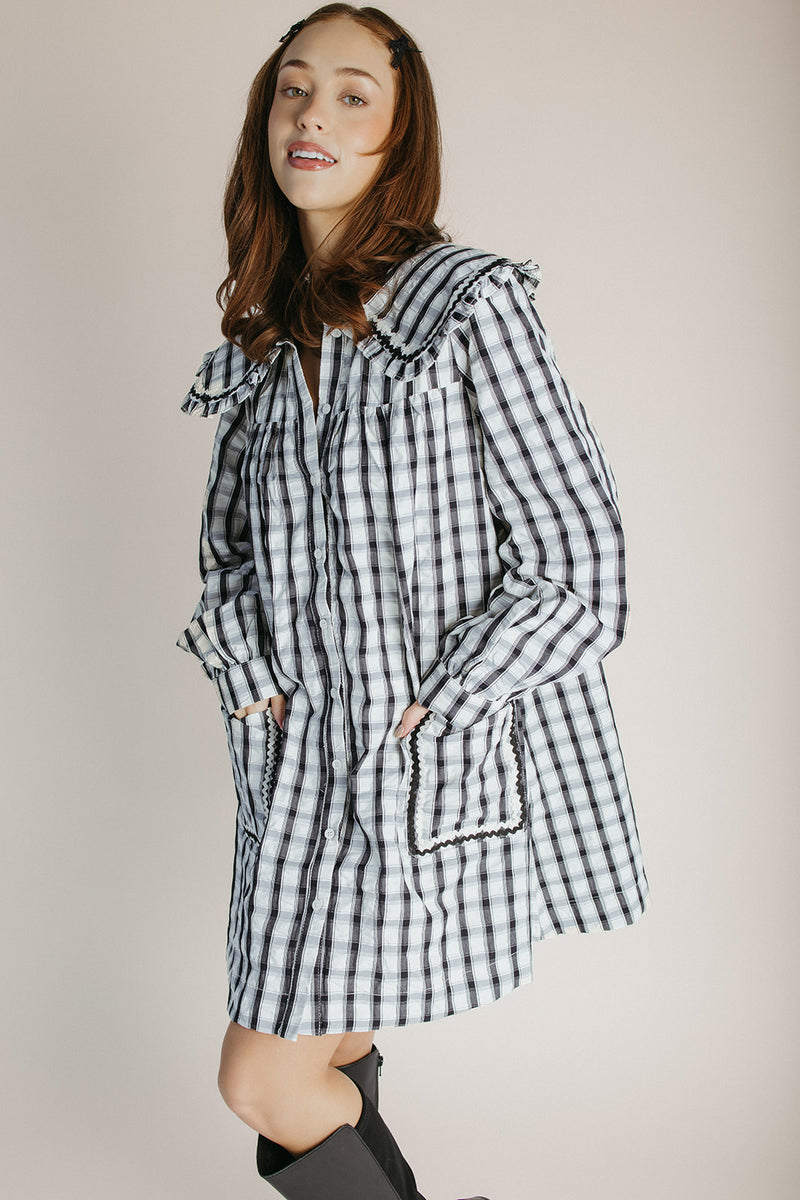 The Steffy Plaid Puff Sleeve Dress in Black + Cream