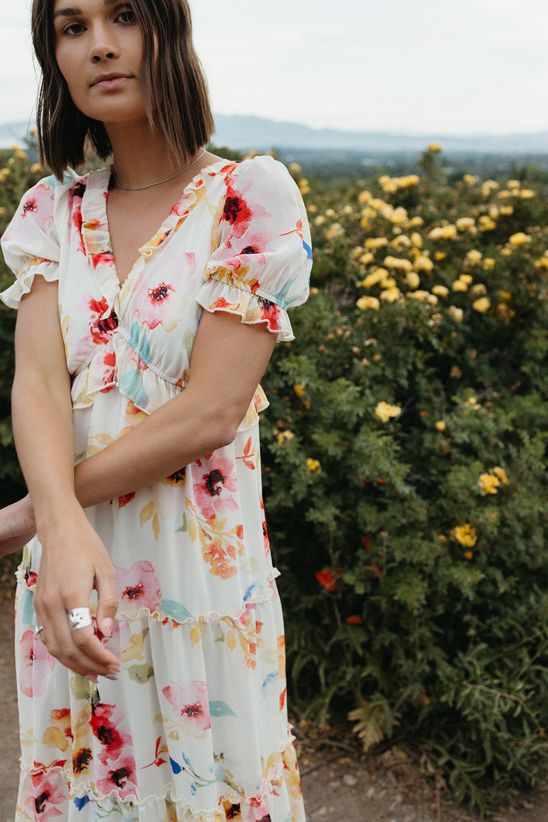 The Brom Floral Ruffle Dress in Ivory