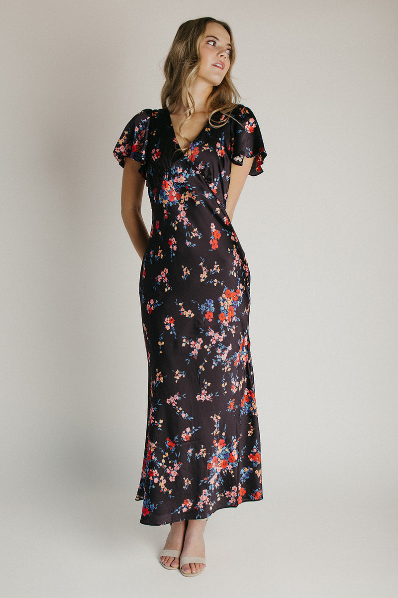 The Franco Flutter Sleeve Maxi Dress in Nightfall Bloom