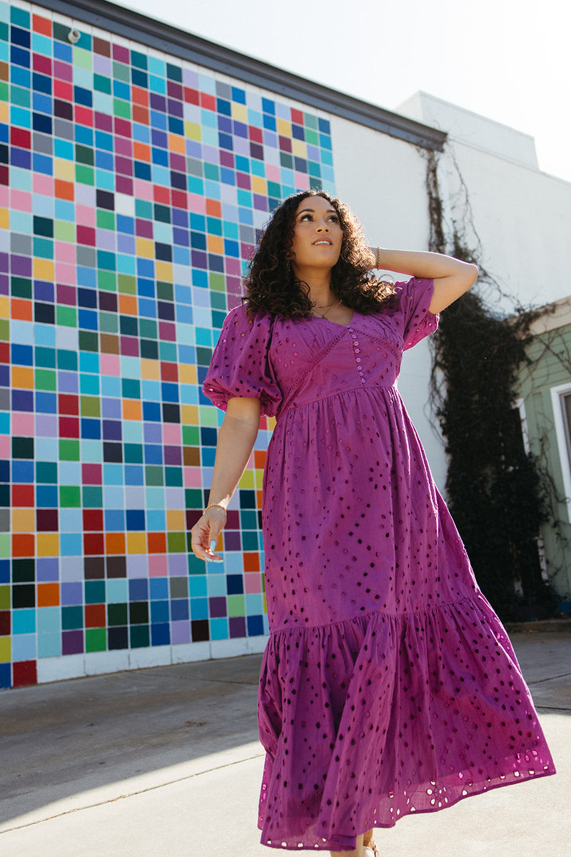 The Tandie Eyelet Detail Midi Dress in Magenta