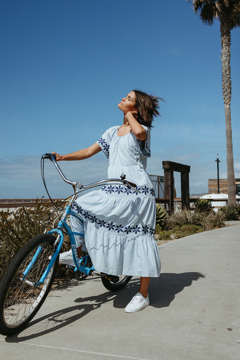 The Duluth Tiered Embroidered Maxi Dress in Light Blue