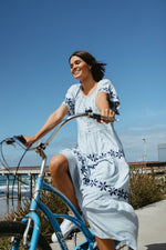 The Duluth Tiered Embroidered Maxi Dress in Light Blue