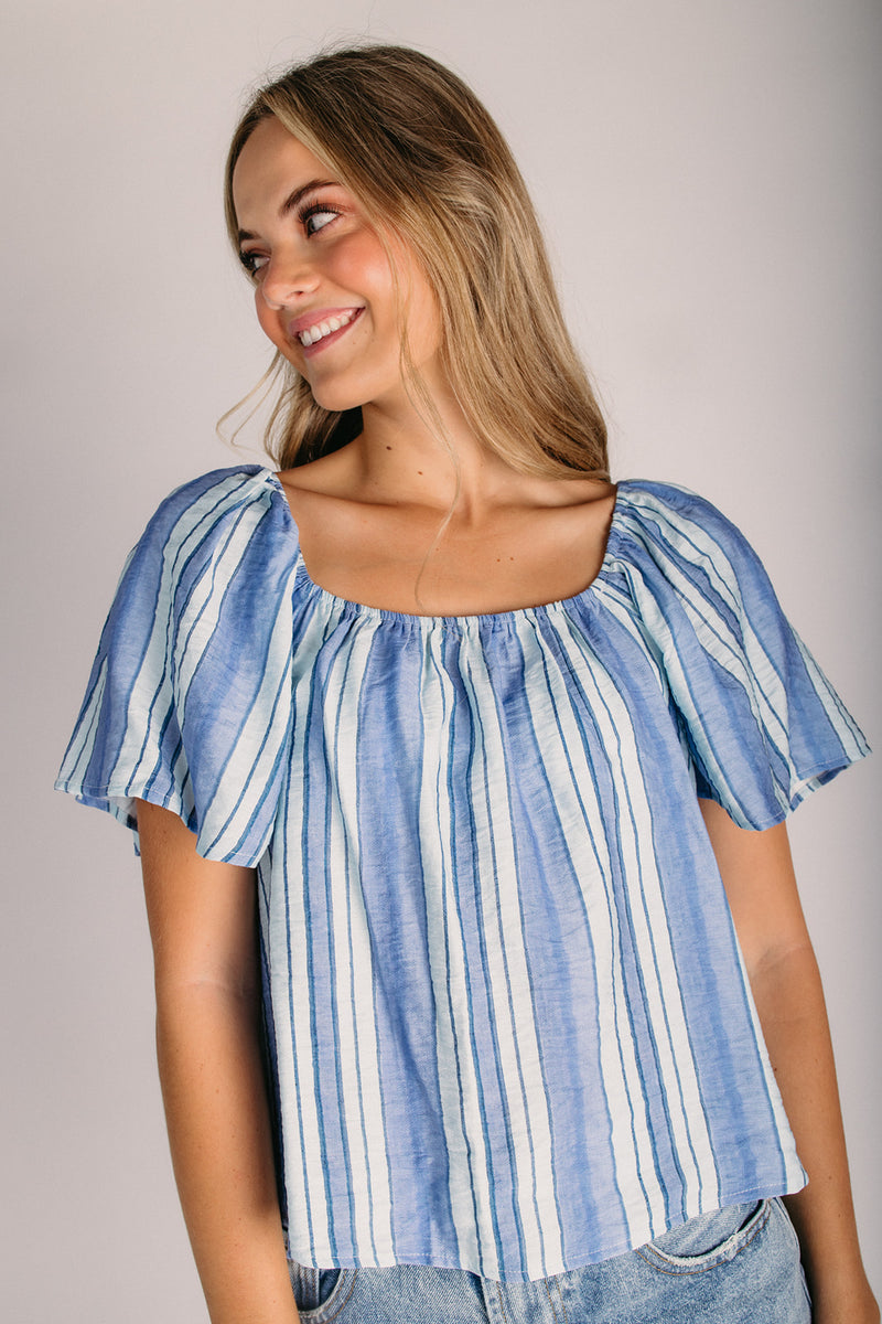 The Rodney Striped Flutter Sleeve Blouse in Blue – Piper & Scoot
