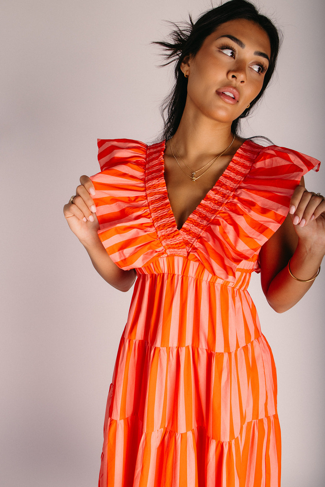 The Romney Ruffle Sleeve Midi Dress in Orange + Peach Large