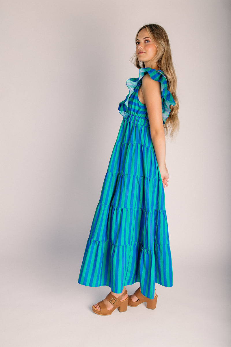 blue ruffle sleeve dress The Romney Midi in Green + Stripe Large RODEOREADY waist = 14.5 Royal Blue Plunging Neck Select Derby Size:41