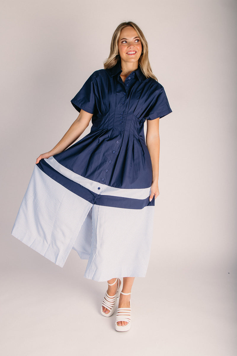 cinch waist maxi dress The Frigo Cinch Waist Maxi Dress in Navy Combo – Piper & Scoot