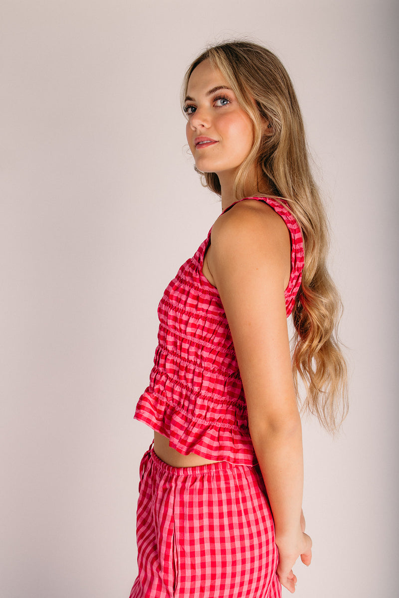The Edmund Smocked Gingham Blouse in Fuchsia Multi – Piper & Scoot
