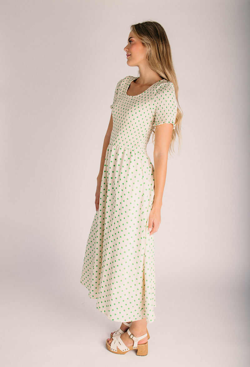 midi smocked dress The Fawnie Smocked Polka Dot Midi Dress in Yellow + Green – Piper & Scoot