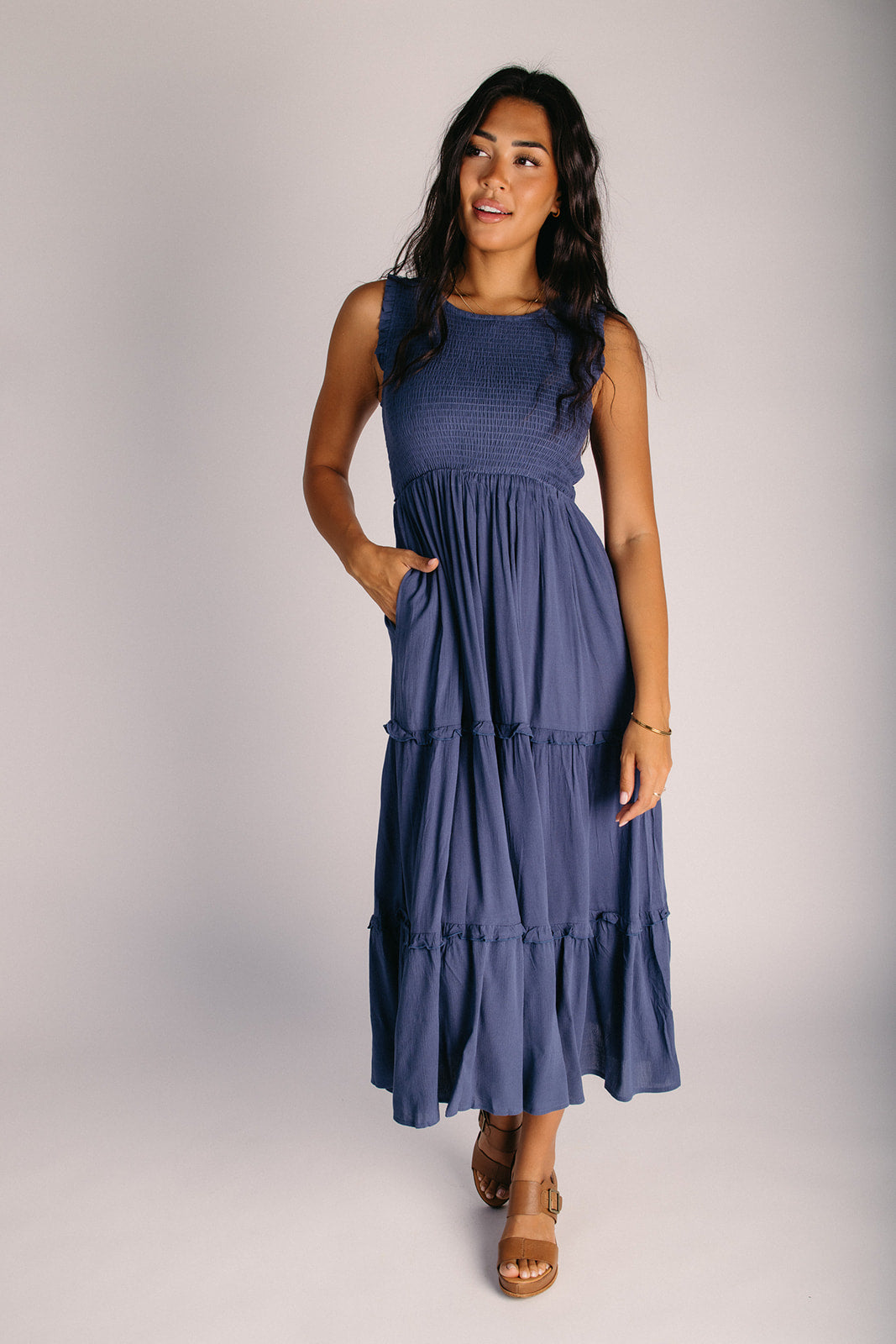 smocked bodice maxi dress The Bruzzo Smocked Bodice Midi Dress in Dusty Blue – Piper & Scoot