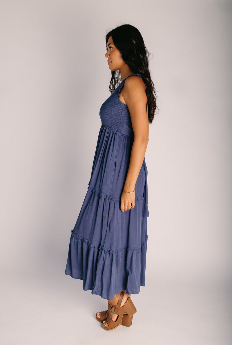 The Bruzzo Smocked Bodice Midi Dress in Dusty Blue Medium