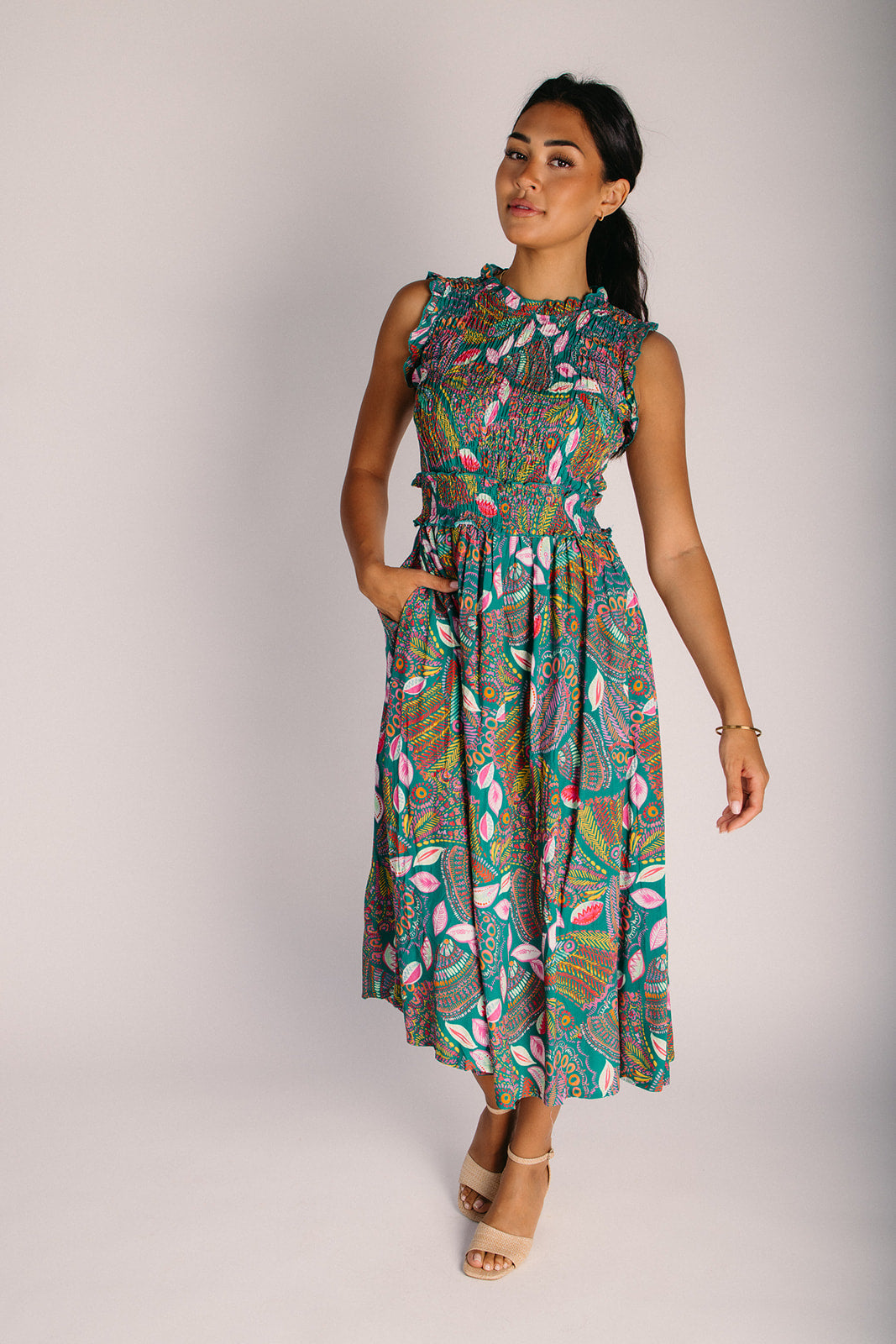 The Ashen Abstract Print Midi Dress in Teal Floral Large