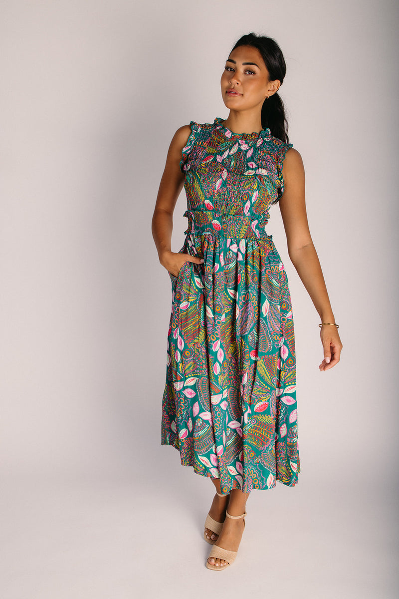 midi teal dress The Ashen Abstract Print Midi Dress in Teal Floral Large