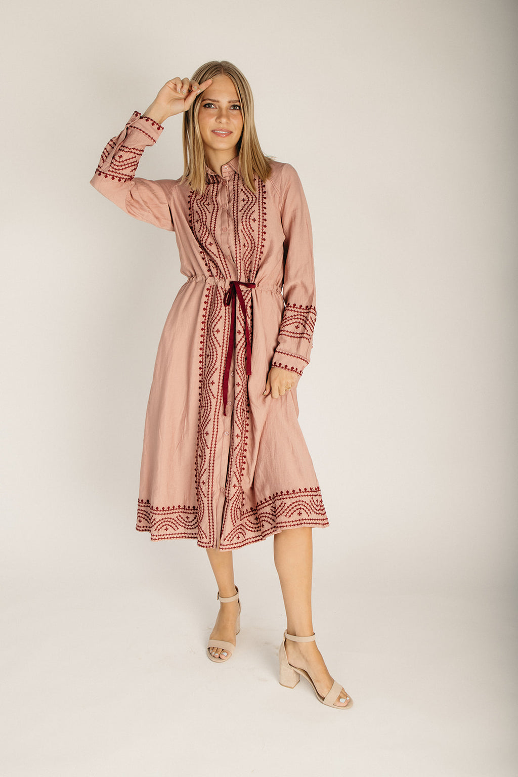 The Barron Boho Embroidered Midi Dress in Dusty Rose – Piper & Scoot