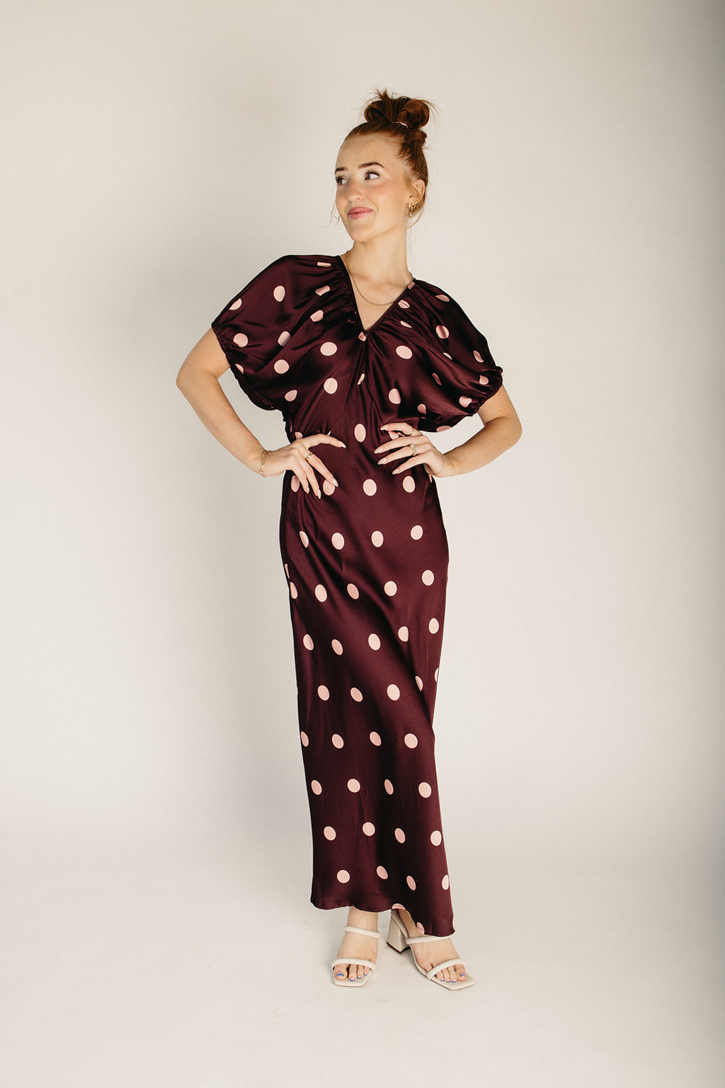 The Tyron Dolman Sleeve Maxi Dress in Burgundy + Pink Dot – Piper & Scoot