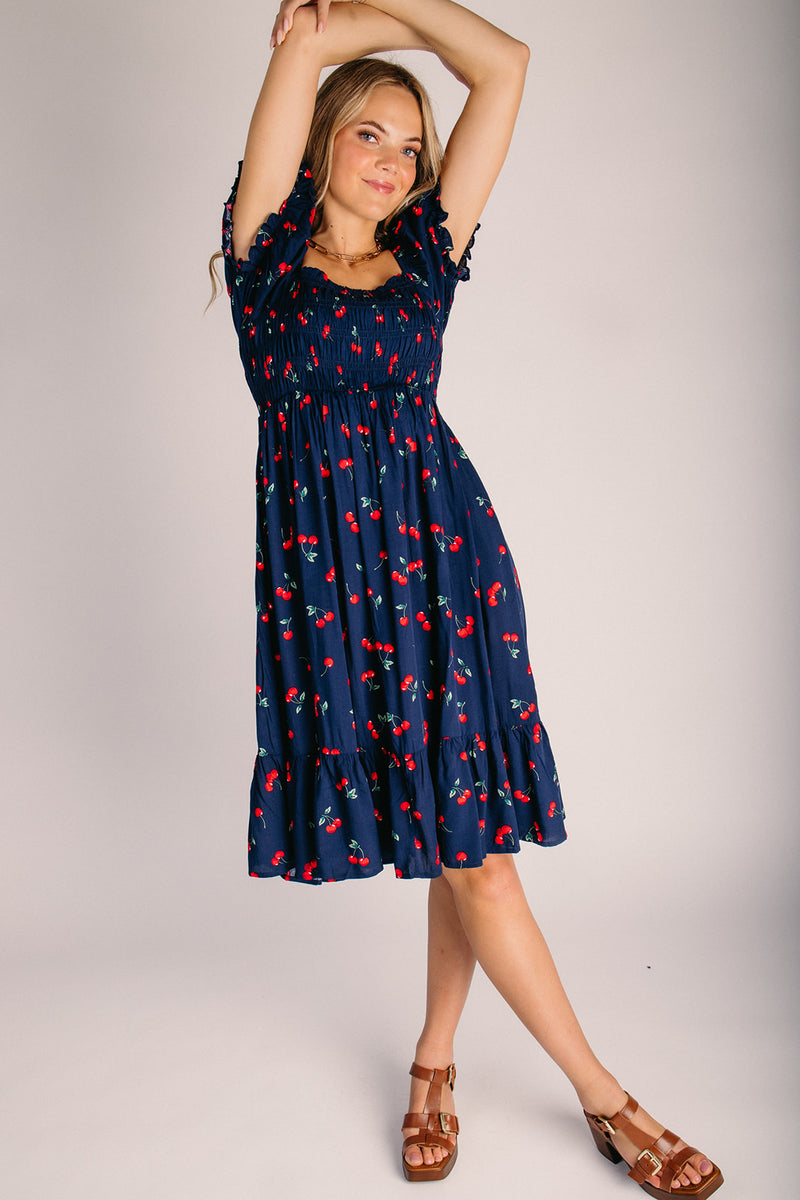 The Tashina Cherry Summer Midi Dress in Midnight – Piper & Scoot