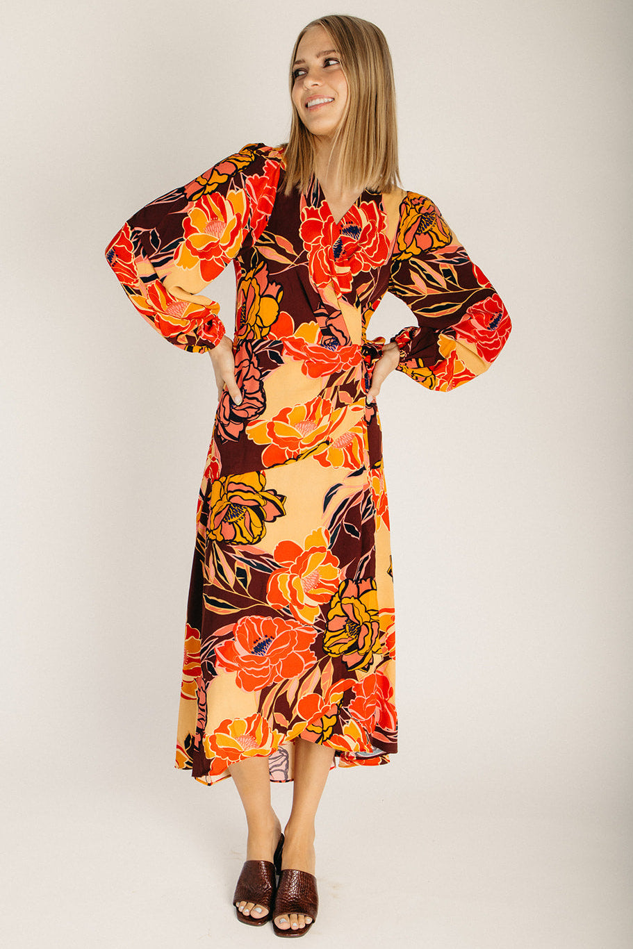 The Upton Floral Midi Wrap Dress in Pink + Brown – Piper & Scoot