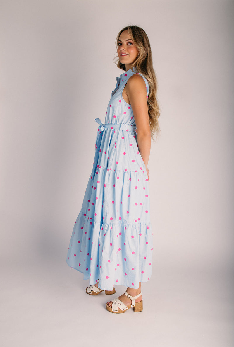 blue dress with pink polka dots New Look tie shoulder midi dress in blue and pink polka dot