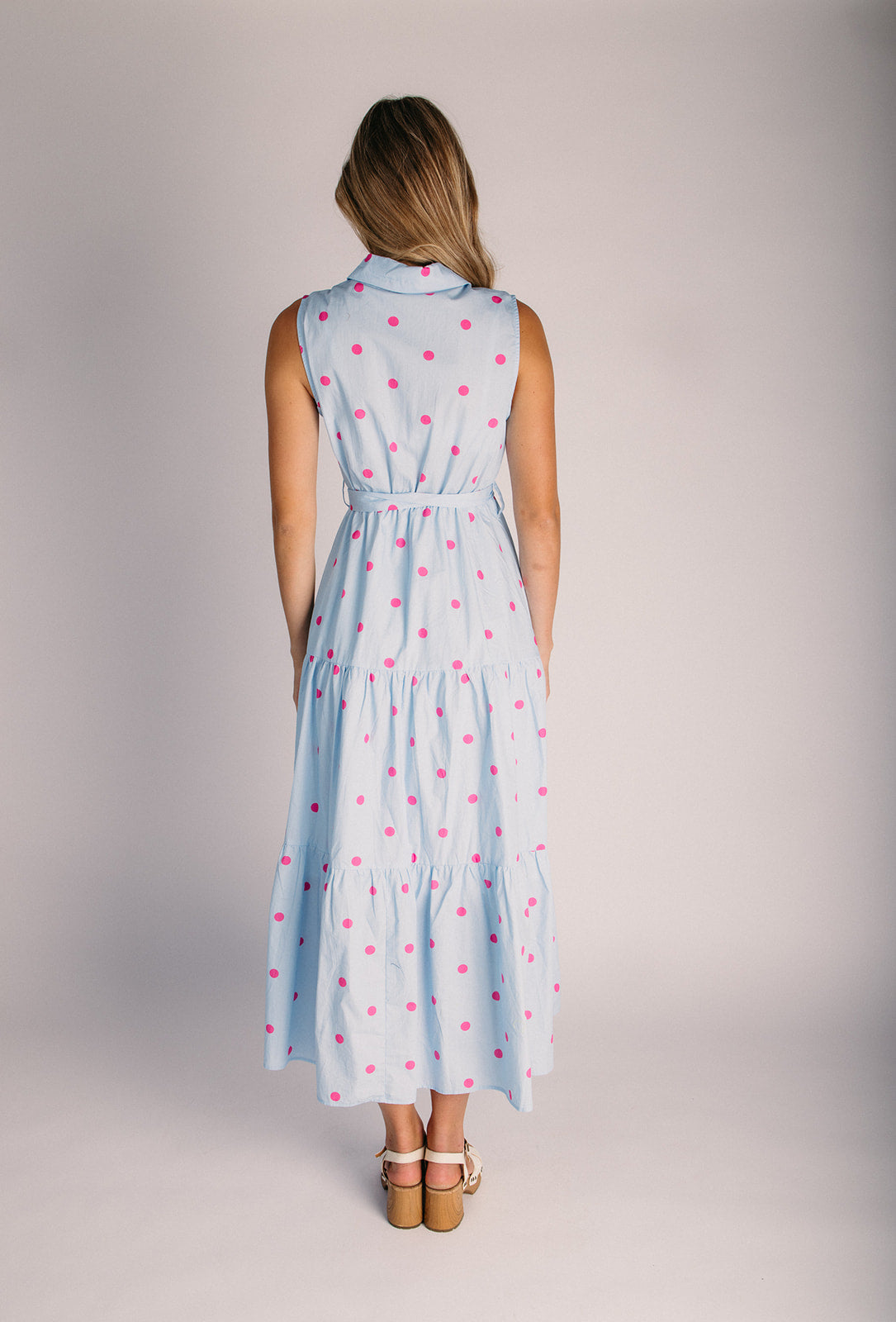 The Nyra Polka Dot Button-Up Dress in Light Blue + Pink Medium