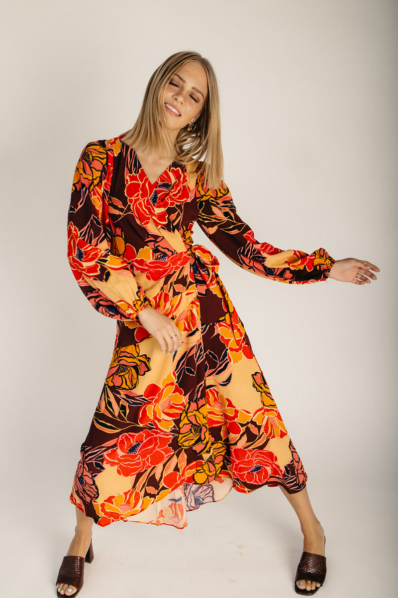The Upton Floral Midi Wrap Dress in Pink + Brown – Piper & Scoot