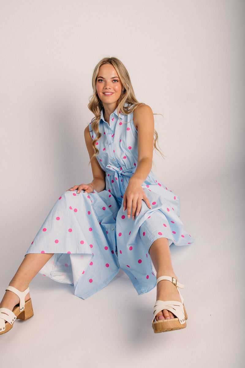 light blue and pink dress The Nyra Polka Dot Button-Up Dress in Light Blue + Pink – Piper & Scoot