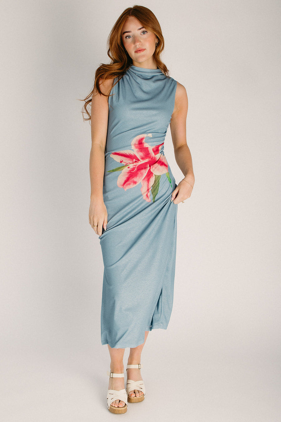 The Grask Floral Print Midi Dress in Dusty Blue Medium