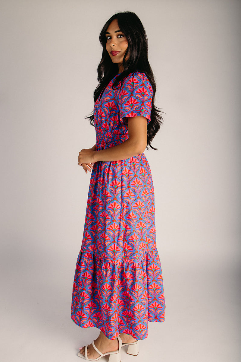 red and blue floral maxi dress Red Floral Short Sleeve V Neck High Waist Maxi Dress Blue Zone Planet