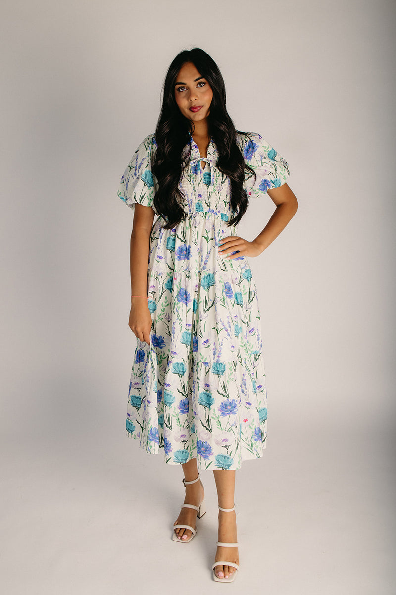smocked floral midi dress The Sermano in Blue Mix Small Ruffle Dress Clothing Matilda length = 50 large The Athletic Shop Color:Blue And White