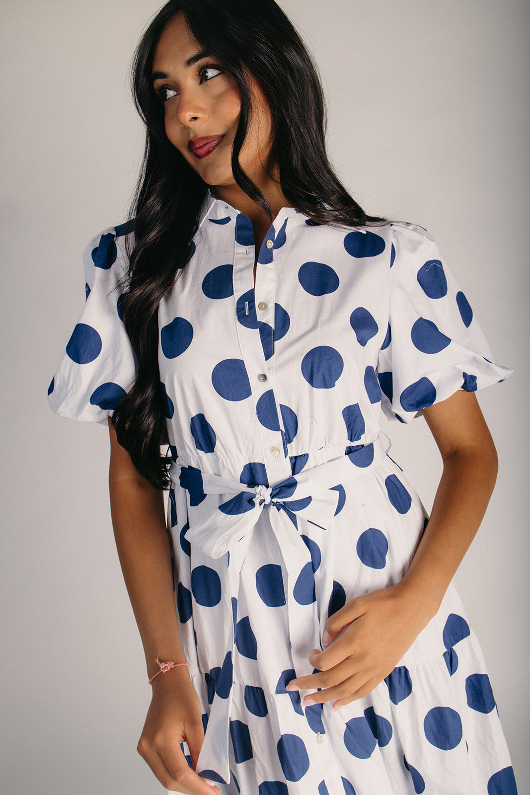 The Robison Puff Sleeve Maxi Dress in Navy + Off White Dot Small