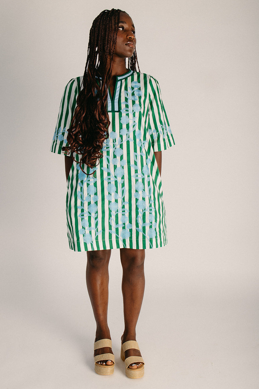 striped embroidered dress The Nissley Embroidered V-Neck Dress in Green Stripe Medium