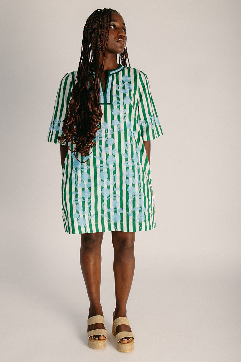 white and green embroidered dress Neelie Embroidered Mini Dress in White/Green