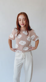 The Batten Floral Print Puff Sleeve Sweater in Taupe